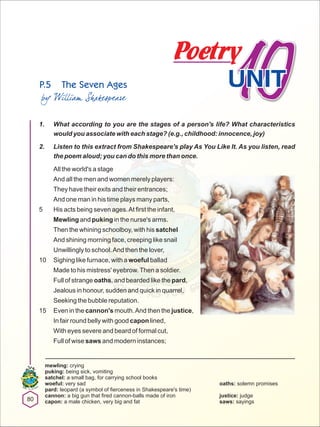 CBSE
1010UNITUNIT
Poetry
P.5 The Seven Ages
by William Shakespeare
1. What according to you are the stages of a person's life? What characteristics
would you associate with each stage? (e.g., childhood: innocence, joy)
2. Listen to this extract from Shakespeare's play As You Like It. As you listen, read
the poem aloud; you can do this more than once.
All the world's a stage
And all the men and women merely players:
They have their exits and their entrances;
And one man in his time plays many parts,
5 His acts being seven ages.At first the infant,
Mewling and puking in the nurse's arms.
Then the whining schoolboy, with his satchel
And shining morning face, creeping like snail
Unwillingly to school.And then the lover,
10 Sighing like furnace, with a woeful ballad
Made to his mistress' eyebrow.Then a soldier.
Full of strange oaths, and bearded like the pard,
Jealous in honour, sudden and quick in quarrel,
Seeking the bubble reputation.
15 Even in the cannon's mouth.And then the justice,
In fair round belly with good capon lined,
With eyes severe and beard of formal cut,
Full of wise saws and modern instances;
80
mewling: crying
puking: being sick, vomiting
satchel: a small bag, for carrying school books
woeful: very sad oaths: solemn promises
pard: leopard (a symbol of fierceness in Shakespeare's time)
cannon: a big gun that fired cannon-balls made of iron justice: judge
capon: a male chicken, very big and fat saws: sayings
 
