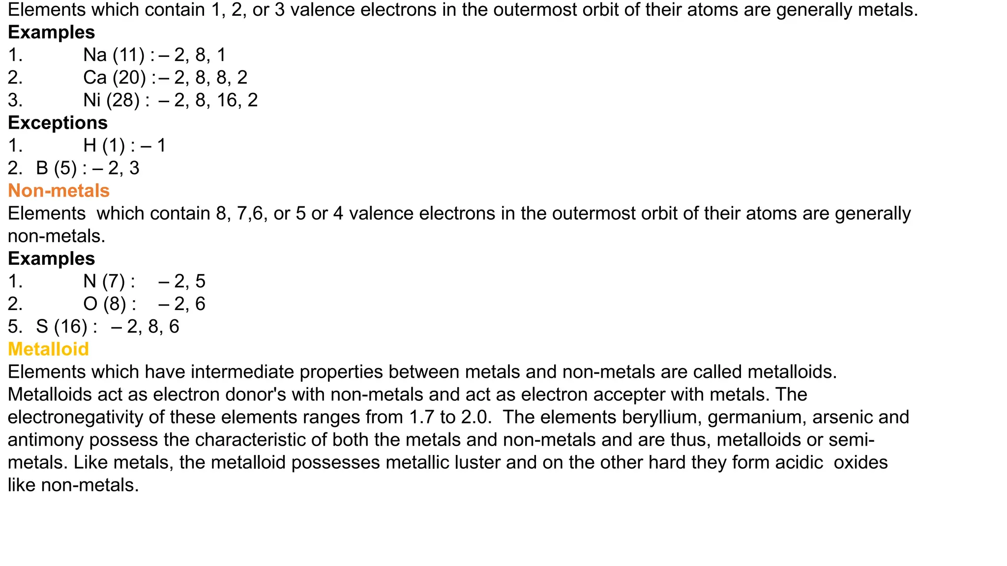 Elements which contain 1, 2, or 3 valence electrons in the outermost orbit of their atoms are generally metals.
Examples
1. Na (11) : – 2, 8, 1
2. Ca (20) :– 2, 8, 8, 2
3. Ni (28) : – 2, 8, 16, 2
Exceptions
1. H (1) : – 1
2. B (5) : – 2, 3
Non-metals
Elements which contain 8, 7,6, or 5 or 4 valence electrons in the outermost orbit of their atoms are generally
non-metals.
Examples
1. N (7) : – 2, 5
2. O (8) : – 2, 6
5. S (16) : – 2, 8, 6
Metalloid
Elements which have intermediate properties between metals and non-metals are called metalloids.
Metalloids act as electron donor's with non-metals and act as electron accepter with metals. The
electronegativity of these elements ranges from 1.7 to 2.0. The elements beryllium, germanium, arsenic and
antimony possess the characteristic of both the metals and non-metals and are thus, metalloids or semi-
metals. Like metals, the metalloid possesses metallic luster and on the other hard they form acidic oxides
like non-metals.
 