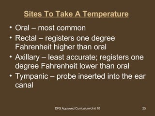 Sites To Take A Temperature   Oral – most common Rectal – registers one degree Fahrenheit higher than oral Axillary – least accurate; registers one degree Fahrenheit lower than oral Tympanic – probe inserted into the ear canal 
