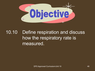 10.10 Define respiration and discuss how the respiratory rate is measured. Objective 