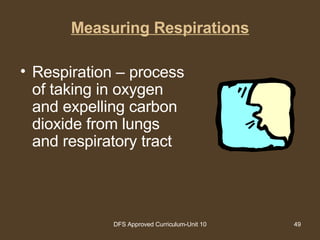 Measuring Respirations Respiration – process of taking in oxygen and expelling carbon dioxide from lungs and respiratory tract  