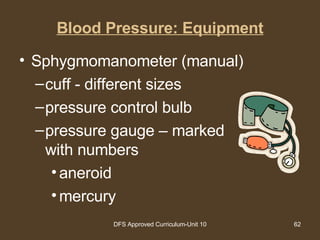 Blood Pressure: Equipment Sphygmomanometer (manual) cuff - different sizes pressure control bulb pressure gauge – marked with numbers aneroid mercury 