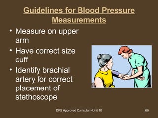 Guidelines for Blood Pressure Measurements Measure on upper arm  Have correct size cuff  Identify brachial artery for correct placement of stethoscope 