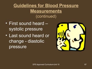 Guidelines for Blood Pressure Measurements (continued) First sound heard – systolic pressure Last sound heard or change - diastolic pressure 