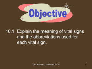 10.1 Explain the meaning of vital signs and the abbreviations used for each vital sign. Objective 