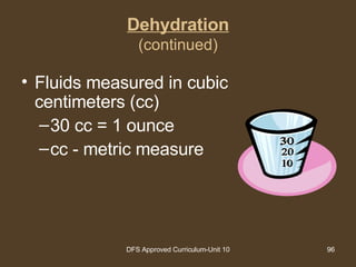Dehydration (continued) Fluids measured in cubic centimeters (cc) 30 cc = 1 ounce cc - metric measure 30 20 10 