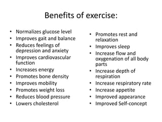 Benefits of exercise:
• Normalizes glucose level
• Improves gait and balance
• Reduces feelings of
depression and anxiety
• Improves cardiovascular
function
• Increases energy
• Promotes bone density
• Improves mobility
• Promotes weight loss
• Reduces blood pressure
• Lowers cholesterol
• Promotes rest and
relaxation
• Improves sleep
• Increase flow and
oxygenation of all body
parts
• Increase depth of
respiration
• Increase respiratory rate
• Increase appetite
• Improved appearance
• Improved Self-concept
 