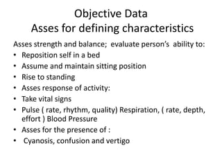 Objective Data
Asses for defining characteristics
Asses strength and balance; evaluate person’s ability to:
• Reposition self in a bed
• Assume and maintain sitting position
• Rise to standing
• Asses response of activity:
• Take vital signs
• Pulse ( rate, rhythm, quality) Respiration, ( rate, depth,
effort ) Blood Pressure
• Asses for the presence of :
• Cyanosis, confusion and vertigo
 