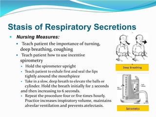 Stasis of Respiratory Secretions
 Nursing Measures:
 Teach patient the importance of turning,
deep breathing, coughing
 Teach patient how to use incentive
spirometry
 Hold the spirometer upright
 Teach patient to exhale first and seal the lips
tightly around the mouthpiece
 Take in a slow, deep breath to elevate the balls or
cylinder. Hold the breath initially for 2 seconds
and then increasing to 6 seconds.
 Repeat the procedure four or five times hourly.
Practice increases inspiratory volume, maintains
alveolar ventilation and prevents atelectasis.
 
