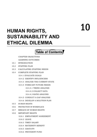 HUMAN RIGHTS, 10
SUSTAINABILITY AND
ETHICAL DILEMMA
CHAPTER OBJECTIVES
LEARNING OUTCOMES
10.1 INTRODUCTION
10.2 STAFFING PLAN
10.3 CALCULATING STAFFING NEEDS
10.4 COMPLETE STAFFING PLAN
10.4.1 EVALUATE GOALS
10.4.2 IDENTIFY INFLUENCERS
10.4.3 ANALYZE THE CURRENT STATE
10.4.4 FORECAST FUTURE NEEDS
10.4.4.1 TREND ANALYSIS
10.4.4.2 COLLECT DATA
10.4.4.3 RATIO ANALYSIS
10.4.5 CONDUCT A GAP ANALYSIS
10.4.6 DEVELOP A SOLUTION PLAN
10.5 HUMAN RIGHTS
10.6 PROTECTION IN WORKPLACE
10.7 BREACH OF HUMAN RIGHTS
10.8 IMPORTANT RIGHTS
10.8.1 EMPLOYMENT AGREEMENT
10.8.2 LEAVE
10.8.3 TIMEY SALARY
10.8.4 MATERNITY BENEFIT
10.8.5 GRATUITY
10.8.6 PROVIDENT FUND
 