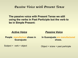 Passive Voice with Present Tense The passive voice with Present Tense we still using the verbs in Past Participle but the verb to be in Simple Present: Active Voice Passive Voice People  manufacture  shoes in Guanajuato In Guanajuato  are manufactured  shoes. Subject +  verb + object Object + is/are + past participle  
