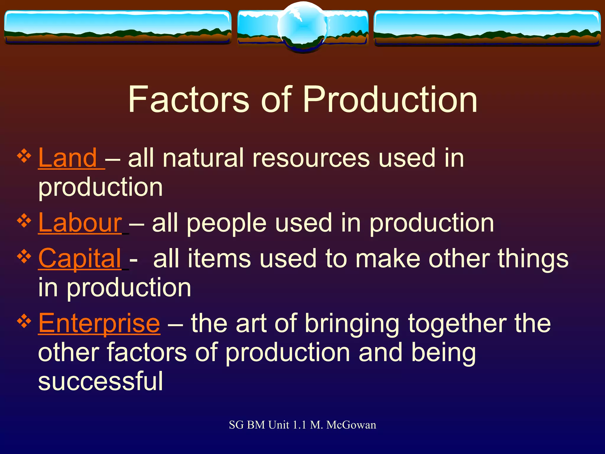 Factors of Production Land  – all natural resources used in production Labour   – all people used in production Capital   -  all items used to make other things in production Enterprise   – the art of bringing together the other factors of production and being successful 