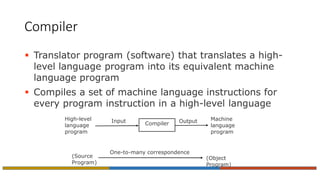 Compiler
 Translator program (software) that translates a high-
level language program into its equivalent machine
language program
 Compiles a set of machine language instructions for
every program instruction in a high-level language
One-to-many correspondence
(Source
Program)
(Object
Program)
Compiler
High-level
language
program
Machine
language
program
Input Output
 