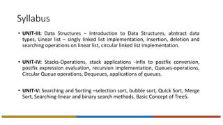 Syllabus
• UNIT-III: Data Structures – Introduction to Data Structures, abstract data
types, Linear list – singly linked list implementation, insertion, deletion and
searching operations on linear list, circular linked list implementation.
• UNIT-IV: Stacks-Operations, stack applications -infix to postfix conversion,
postfix expression evaluation, recursion implementation, Queues-operations,
Circular Queue operations, Dequeues, applications of queues.
• UNIT-V: Searching and Sorting –selection sort, bubble sort, Quick Sort, Merge
Sort, Searching-linear and binary search methods, Basic Concept of TreeS.
 