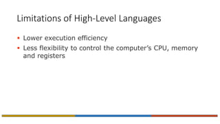 Limitations of High-Level Languages
 Lower execution efficiency
 Less flexibility to control the computer’s CPU, memory
and registers
 
