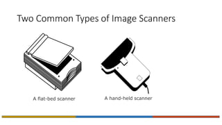 Two Common Types of Image Scanners
A flat-bed scanner A hand-held scanner
 