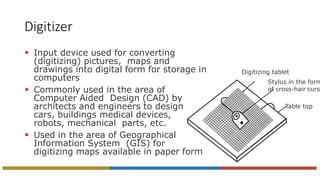Digitizer
 Input device used for converting
(digitizing) pictures, maps and
drawings into digital form for storage in
computers
 Commonly used in the area of
Computer Aided Design (CAD) by
architects and engineers to design
cars, buildings medical devices,
robots, mechanical parts, etc.
 Used in the area of Geographical
Information System (GIS) for
digitizing maps available in paper form
Digitizing tablet
Stylus in the form
of cross-hair curso
Table top
 