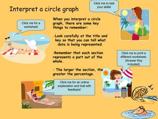 Interpret a circle graph Click me to test your skills! Click me for a worksheet Click me to print a different worksheet. (Answer Key included) Click me for an online explanation and trial with feedback! When you interpret a circle graph, there are some key things to remember: Look carefully at the title and key so that you can tell what data is being represented. Remember that each section represents a part out of the whole. The larger the section, the greater the percentage. 