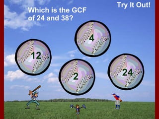 Try It Out! Which is the GCF of 24 and 38? 12 2 4 24 