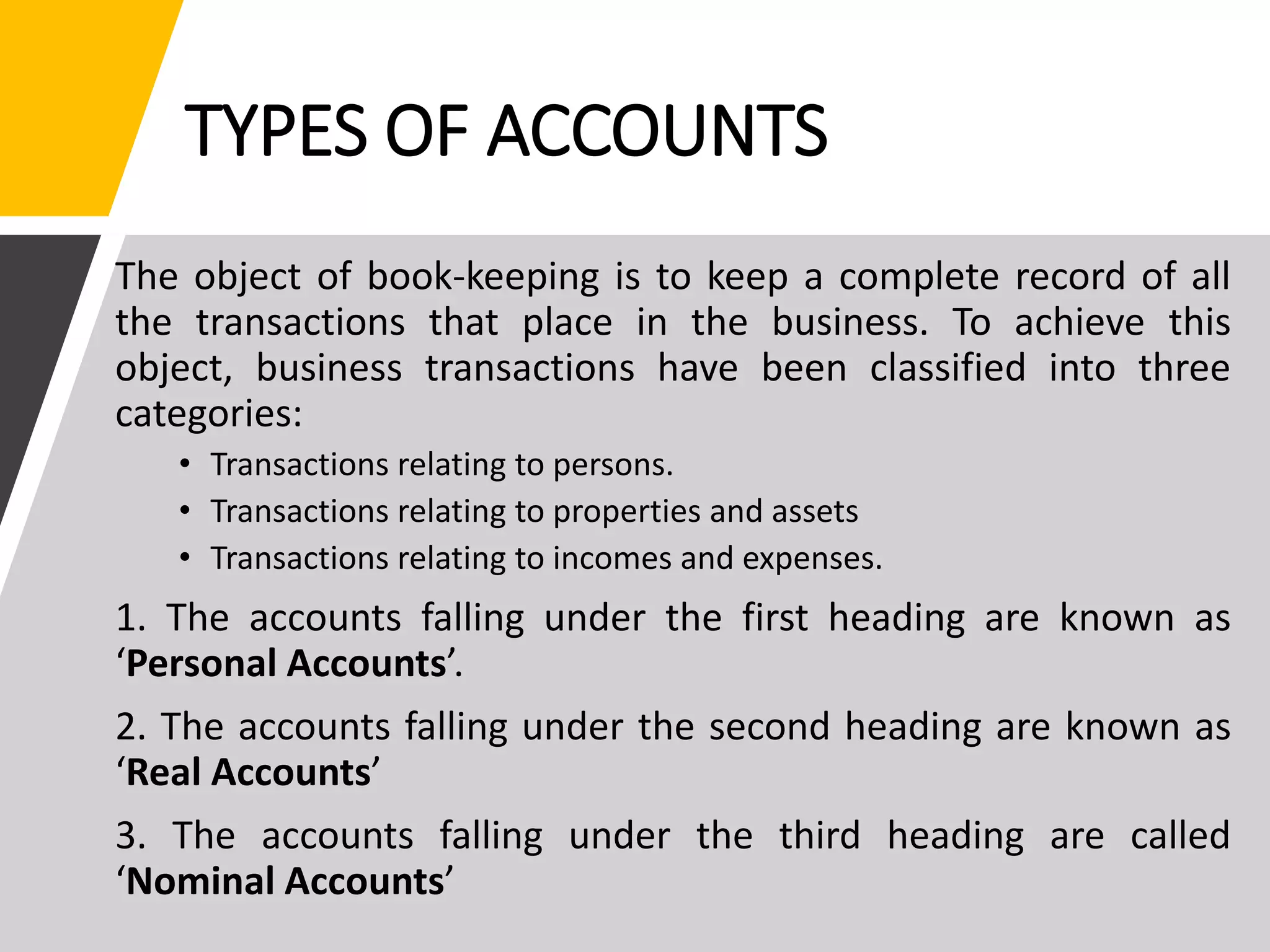 TYPES OF ACCOUNTS
The object of book-keeping is to keep a complete record of all
the transactions that place in the business. To achieve this
object, business transactions have been classified into three
categories:
• Transactions relating to persons.
• Transactions relating to properties and assets
• Transactions relating to incomes and expenses.
1. The accounts falling under the first heading are known as
‘Personal Accounts’.
2. The accounts falling under the second heading are known as
‘Real Accounts’
3. The accounts falling under the third heading are called
‘Nominal Accounts’
 