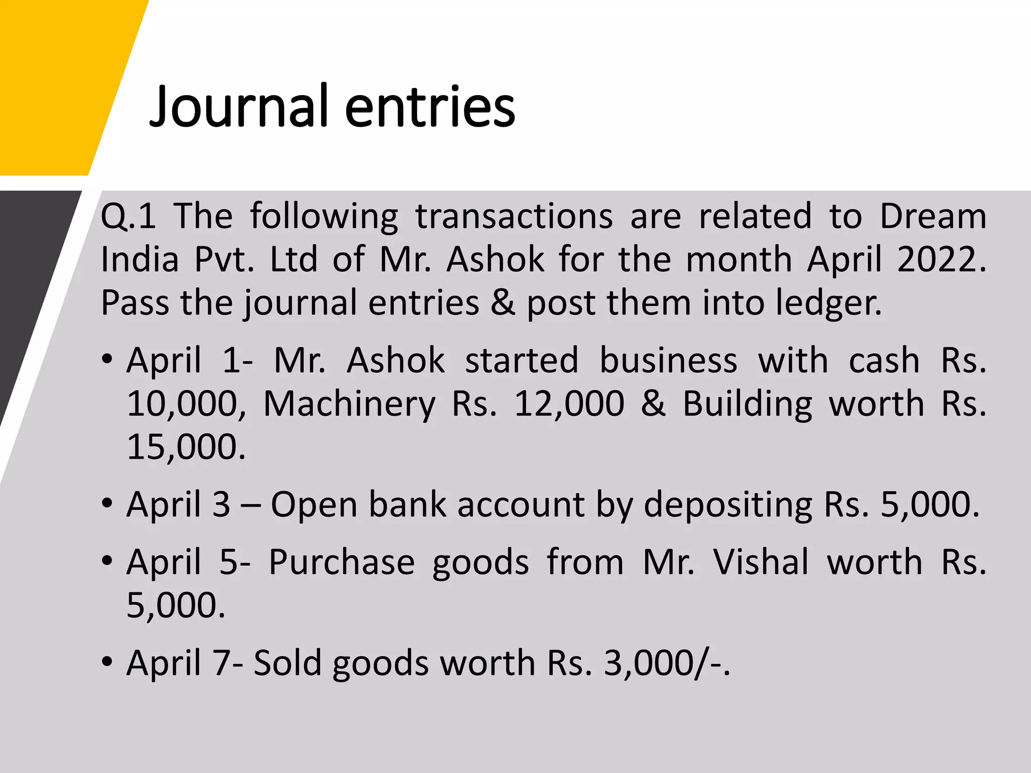 Journal entries
Q.1 The following transactions are related to Dream
India Pvt. Ltd of Mr. Ashok for the month April 2022.
Pass the journal entries & post them into ledger.
• April 1- Mr. Ashok started business with cash Rs.
10,000, Machinery Rs. 12,000 & Building worth Rs.
15,000.
• April 3 – Open bank account by depositing Rs. 5,000.
• April 5- Purchase goods from Mr. Vishal worth Rs.
5,000.
• April 7- Sold goods worth Rs. 3,000/-.
 
