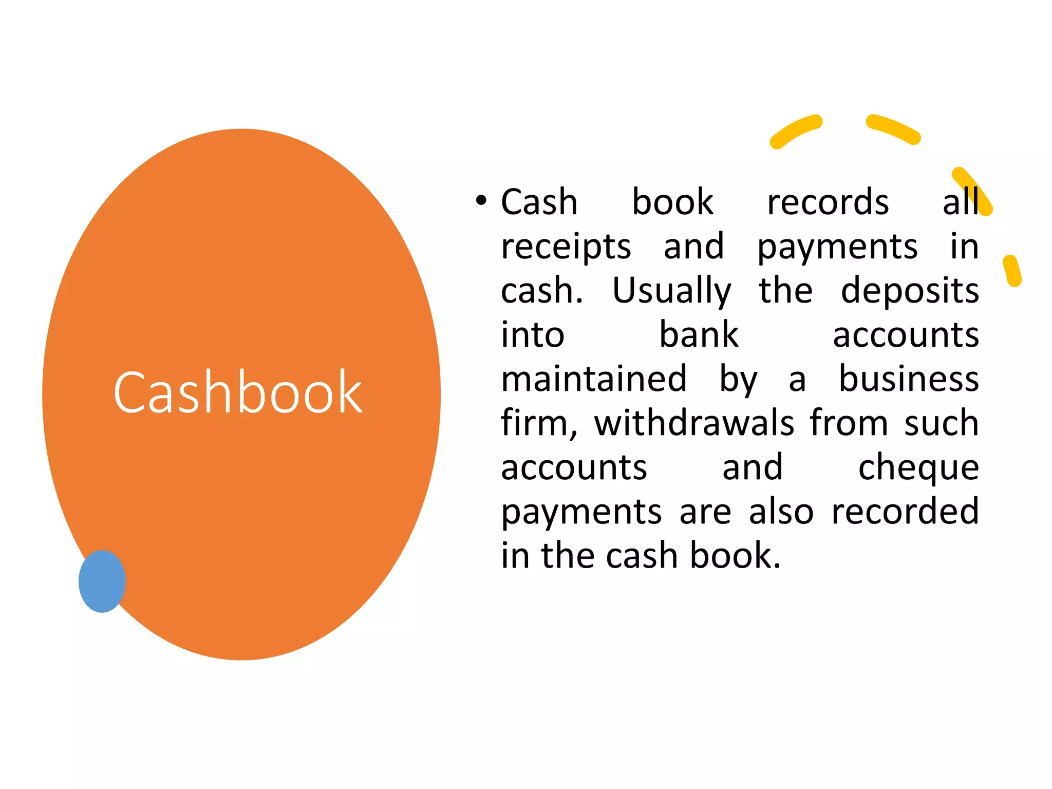 Cashbook
• Cash book records all
receipts and payments in
cash. Usually the deposits
into bank accounts
maintained by a business
firm, withdrawals from such
accounts and cheque
payments are also recorded
in the cash book.
 