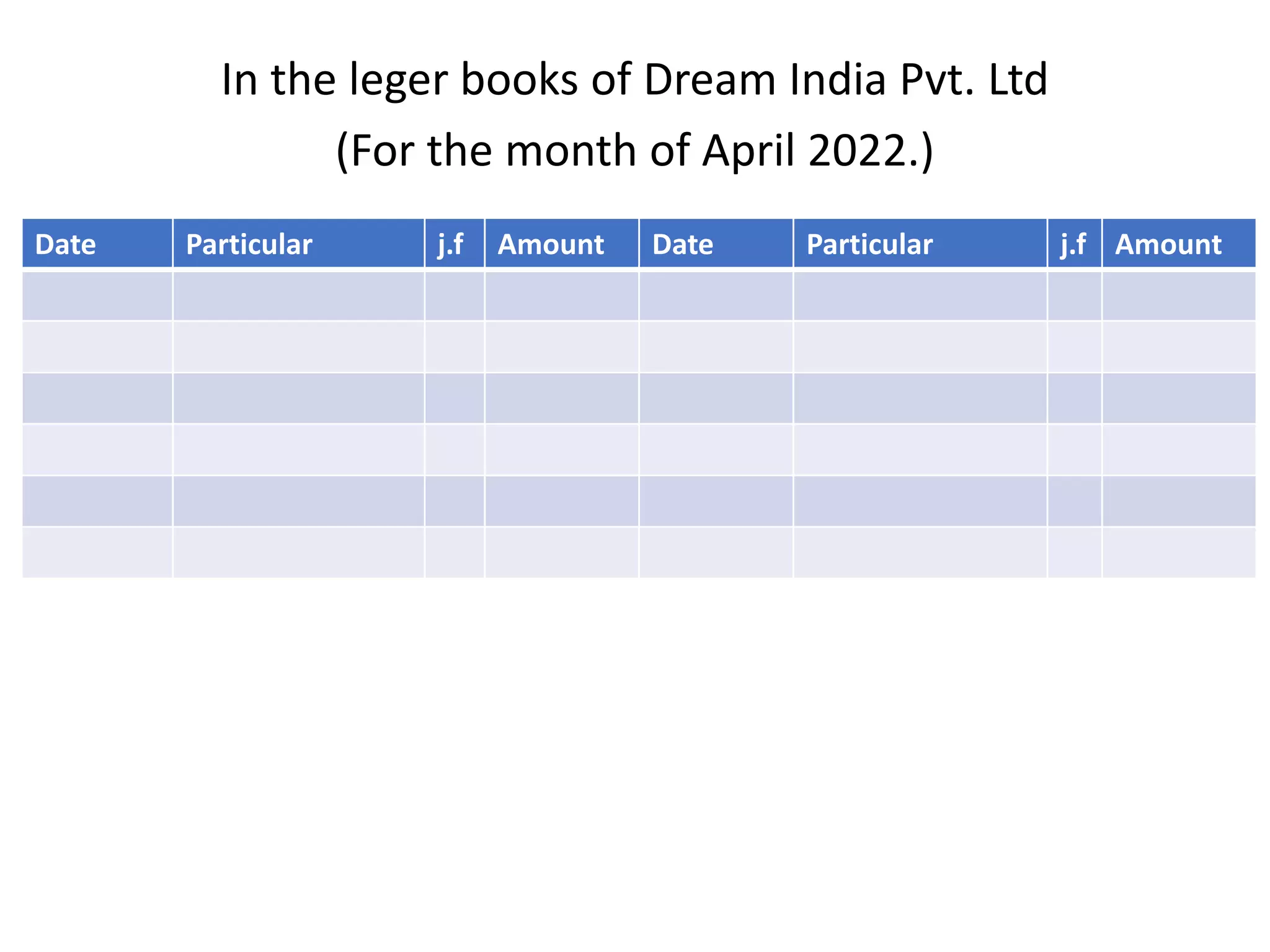In the leger books of Dream India Pvt. Ltd
(For the month of April 2022.)
Date Particular j.f Amount Date Particular j.f Amount
 