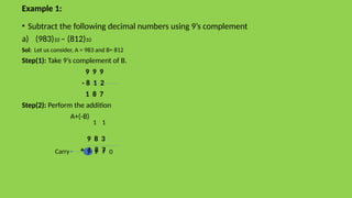 Example 1:
• Subtract the following decimal numbers using 9’s complement
a) (983)10 – (812)10
Sol: Let us consider, A = 983 and B= 812
Step(1): Take 9’s complement of B.
9 9 9
- 8 1 2
1 8 7
Step(2): Perform the addition
A+(-B)
9 8 3
+ 1 8 7
Carry 1 7 0
1
1
1
 