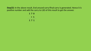 Step(3): In the above result, End around carry/final carry is generated. Hence it is
positive number and add the carry to LSD of this result to get the answer.
1 7 0
+ 1
1 7 1
 