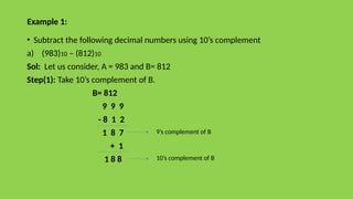 • Subtract the following decimal numbers using 10’s complement
a) (983)10 – (812)10
Sol: Let us consider, A = 983 and B= 812
Step(1): Take 10’s complement of B.
B= 812
9 9 9
- 8 1 2
1 8 7
+ 1
1 8 8
Example 1:
9’s complement of B
10’s complement of B
 