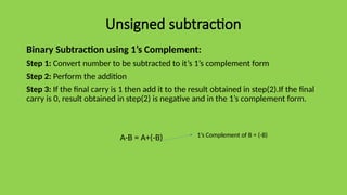 Unsigned subtraction
Binary Subtraction using 1’s Complement:
Step 1: Convert number to be subtracted to it’s 1’s complement form
Step 2: Perform the addition
Step 3: If the final carry is 1 then add it to the result obtained in step(2).If the final
carry is 0, result obtained in step(2) is negative and in the 1’s complement form.
A-B = A+(-B) 1’s Complement of B = (-B)
 