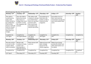 Unit 13 – Planning and Pitching a Print based Media Product – Production Plan Template
Week beginning: Monday 13th April 2015
Monday- 13th Tuesday- 14th Wednesday- 15th Thursday- 16th Friday- 17th Saturday- 18th Sunday-
19th
The editors
would need to
pick a date
which would be
for publication.
Then all the
finance staff will
have to consult
on how much
they have as a
budget.
Once the editors
know how much
they have as a
budget, they need
to think on what
the magazine will
include.
The editors will
continue to decide
on content but if
there are any final
decisions then
they need to get
journalists to go
and do interviews.
Journalists go to
interview any
artists or who is
featured in the
magazine.
Journalists carry on
their work and any
researchers can get any
more information they
need.
Complete by: Complete by: Complete by: Complete by: Complete by: Complete by: Complete by:
13th April 16th April (latest) 16th April
(content)
20th April 20th
Monday- 20th Tuesday- 21st Wednesday-22nd Thursday- 23rd Friday-24th Saturday- 25th Sunday-
26th
Now the writers
can start on the
articles which
will be included.
Writers will
continue to finish
articles and
photographers
will start shoots.
Photo shoots will
carry on.
Editorial team will
plan a design
layout for the
whole magazine.
While layout being
produced, articles and
other information can
be added.
Completed by: Completed by: Completed by: Completed by: Completed by: Completed by: Completed
by:
22nd April Thursday 23rd Thursday 23rd Tuesday 28th Tuesday 28th
 