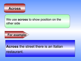 Across


We use across to show position on the
other side


For example:


Across the street there is an Italian
restaurant.
 