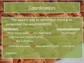Coordinators

     The easiest way to remember them is to
  remember the word FANBOYS
Coordinators                                    LogicalRelationships
For: Mary enjoys math, for it is challenging.       result/cause
AND: Judy has won several trophies,
       and she is an honor
NOR: Judy doesn't work, nor does she want a job.    addition of

  negatives
 