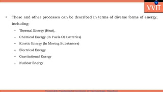 • These and other processes can be described in terms of diverse forms of energy,
including:
– Thermal Energy (Heat),
– Chemical Energy (In Fuels Or Batteries)
– Kinetic Energy (In Moving Substances)
– Electrical Energy
– Gravitational Energy
– Nuclear Energy
 