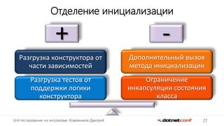 27Unit-тестирование на энтузиазме, Кожевников Дмитрий
Отделение инициализации
+ -
Ограничение
инкапсуляции состояния
класса
Дополнительный вызов
метода инициализации
Разгрузка тестов от
поддержки логики
конструктора
Разгрузка конструктора от
части зависимостей
 