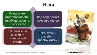 35Unit-тестирование на энтузиазме, Кожевников Дмитрий
Итоги
Разделение
ответственности -
необходимость, а
не искусство
Код определяет
качество тестов
Слабосвязный
дизайн !=
тестируемый
дизайн
Тестируемый
дизайн !=
простой дизайн
 