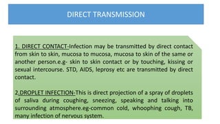 DIRECT TRANSMISSION
1. DIRECT CONTACT-Infection may be transmitted by direct contact
from skin to skin, mucosa to mucosa, mucosa to skin of the same or
another person.e.g- skin to skin contact or by touching, kissing or
sexual intercourse. STD, AIDS, leprosy etc are transmitted by direct
contact.
2.DROPLET INFECTION-This is direct projection of a spray of droplets
of saliva during coughing, sneezing, speaking and talking into
surrounding atmosphere.eg-common cold, whoophing cough, TB,
many infection of nervous system.
 