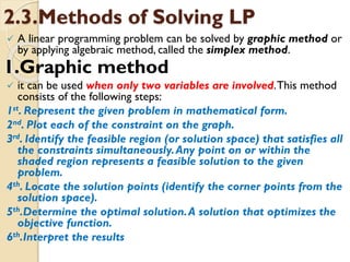 2.3.Methods of Solving LP
 A linear programming problem can be solved by graphic method or
by applying algebraic method, called the simplex method.
1.Graphic method
 it can be used when only two variables are involved.This method
consists of the following steps:
1st. Represent the given problem in mathematical form.
2nd. Plot each of the constraint on the graph.
3rd. Identify the feasible region (or solution space) that satisfies all
the constraints simultaneously.Any point on or within the
shaded region represents a feasible solution to the given
problem.
4th. Locate the solution points (identify the corner points from the
solution space).
5th.Determine the optimal solution.A solution that optimizes the
objective function.
6th.Interpret the results
 