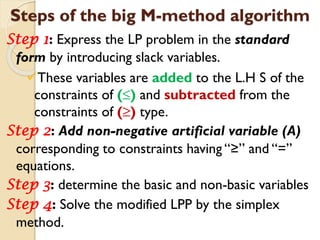 Steps of the big M-method algorithm
Step 1: Express the LP problem in the standard
form by introducing slack variables.
These variables are added to the L.H S of the
constraints of (≤) and subtracted from the
constraints of (≥) type.
Step 2: Add non-negative artificial variable (A)
corresponding to constraints having “≥” and “=”
equations.
Step 3: determine the basic and non-basic variables
Step 4: Solve the modified LPP by the simplex
method.
 