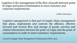 Logistics management is that part of supply chain management
that plans, implements and controls the efficient, effective
forward and reverse flow and storage of goods, services and
related information between the point of origin and the point of
consumption in order to meet customers’ requirements.
Council of Supply Chain Management Professionals (USA), 2021
 