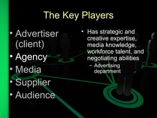 The Key Players
• Advertiser
(client)
• Agency
• Media
• Supplier
• Audience
• Has strategic and
creative expertise,
media knowledge,
workforce talent, and
negotiating abilities
– Advertising
department
 