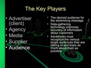 The Key Players
• Advertiser
(client)
• Agency
• Media
• Supplier
• Audience
• The desired audience for
the advertising message
• Data-gathering
technology improves
accuracy of information
about customers
• Advertisers must
recognize the various
target audiences they are
talking to and know as
much about them as
possible
 