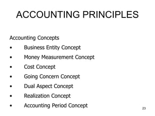 ACCOUNTING PRINCIPLES
Accounting Concepts
• Business Entity Concept
• Money Measurement Concept
• Cost Concept
• Going Con...