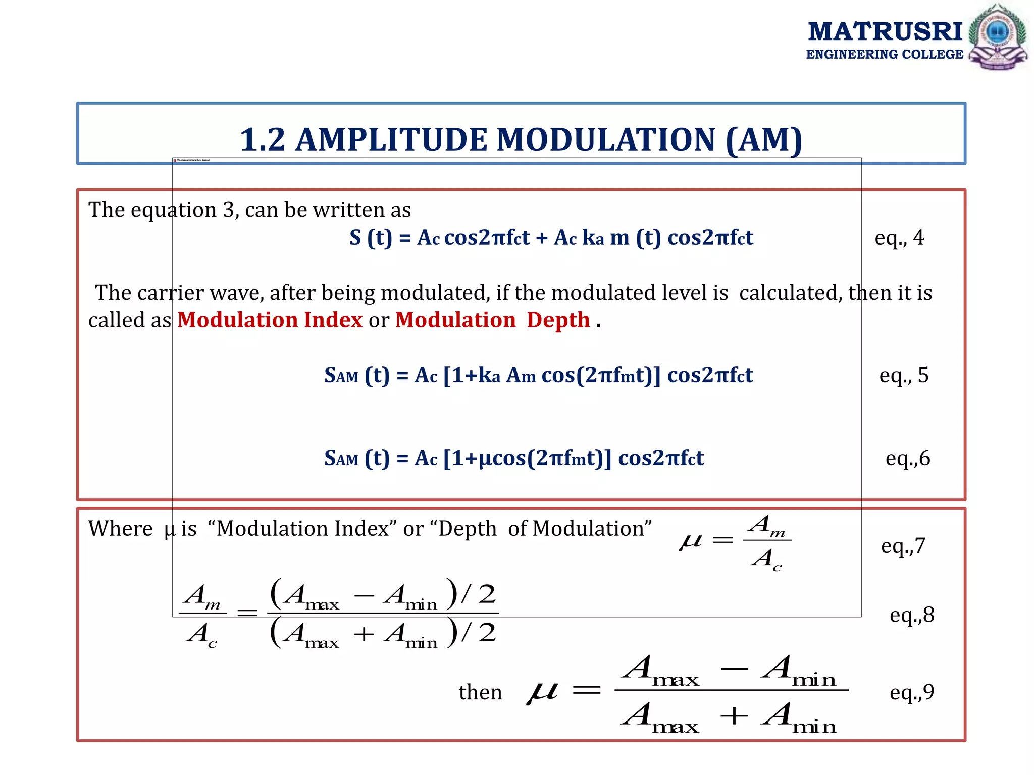 The equation 3, can be written as
S (t) = Ac cos2πfct + Ac ka m (t) cos2πfct eq., 4
The carrier wave, after being modulated, if the modulated level is calculated, then it is
called as Modulation Index or Modulation Depth .
SAM (t) = Ac [1+ka Am cos(2πfmt)] cos2πfct eq., 5
SAM (t) = Ac [1+µcos(2πfmt)] cos2πfct eq.,6
Where µ is “Modulation Index” or “Depth of Modulation”
1.2 AMPLITUDE MODULATION (AM)
MATRUSRI
ENGINEERING COLLEGE
c
m
A
A


 
  2
/
2
/
min
max
min
max
A
A
A
A
A
A
c
m



m
in
m
ax
m
in
m
ax
A
A
A
A




then
eq.,7
eq.,8
eq.,9
 