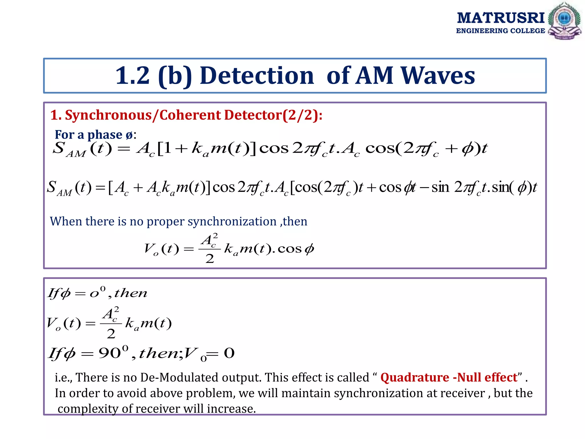 1. Synchronous/Coherent Detector(2/2):
1.2 (b) Detection of AM Waves
MATRUSRI
ENGINEERING COLLEGE
t
f
A
t
f
t
m
k
A
t
S c
c
c
a
c
AM )
2
cos(
.
2
cos
)]
(
1
[
)
( 

 


t
t
f
t
t
f
A
t
f
t
m
k
A
A
t
S c
c
c
c
a
c
c
AM )
sin(
.
2
sin
cos
)
2
[cos(
.
2
cos
)]
(
[
)
( 



 



For a phase ø:
When there is no proper synchronization ,then

cos
).
(
2
)
(
2
t
m
k
A
t
V a
c
o 
)
(
2
)
(
2
t
m
k
A
t
V a
c
o 
then
o
If ,
0


0
;
,
90 0
0

 V
then
If
i.e., There is no De-Modulated output. This effect is called “ Quadrature -Null effect” .
In order to avoid above problem, we will maintain synchronization at receiver , but the
complexity of receiver will increase.
 