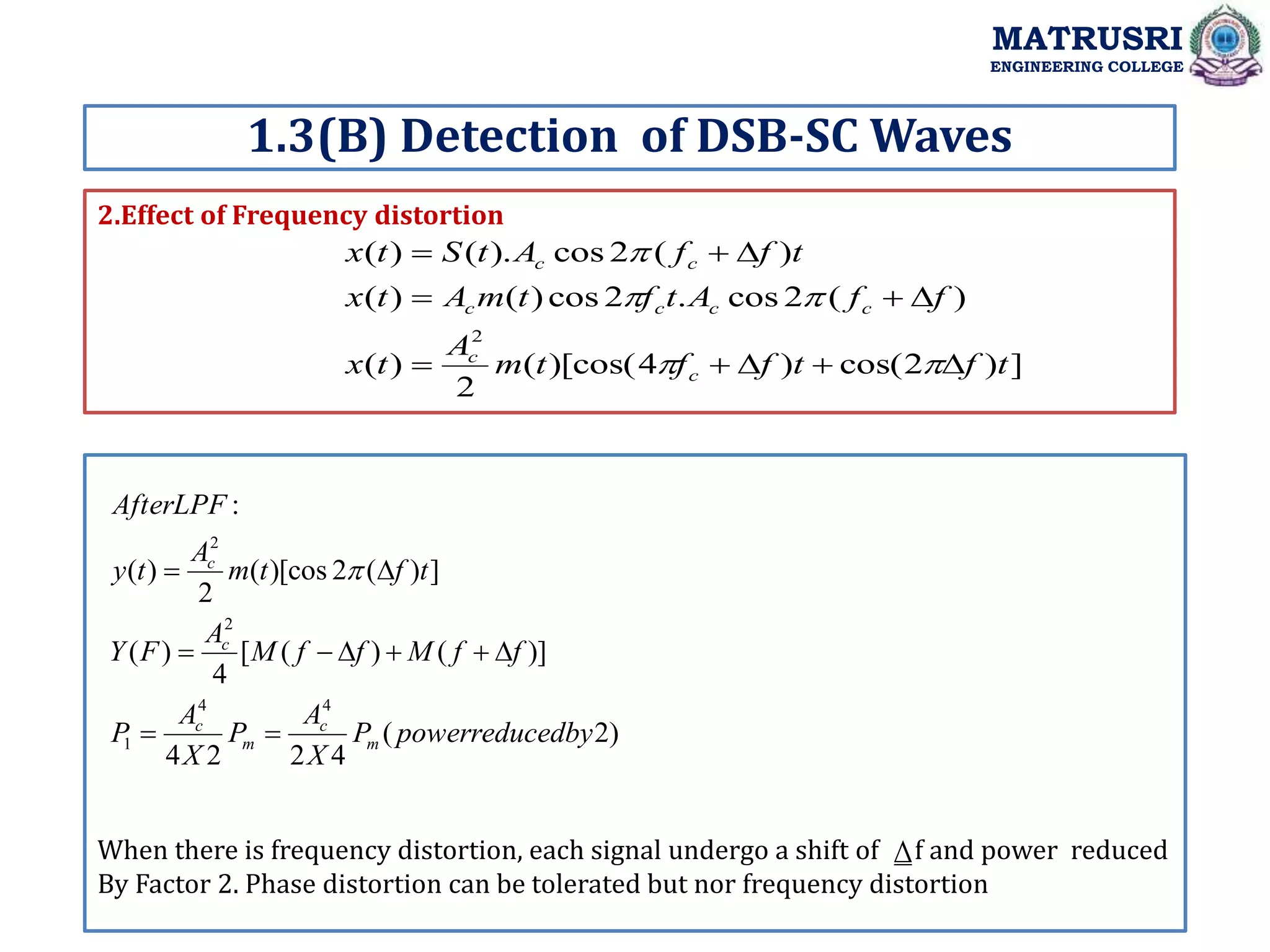 2.Effect of Frequency distortion
1.3(B) Detection of DSB-SC Waves
MATRUSRI
ENGINEERING COLLEGE
When there is frequency distortion, each signal undergo a shift of ⍙f and power reduced
By Factor 2. Phase distortion can be tolerated but nor frequency distortion
]
)
2
cos(
)
4
)[cos(
(
2
)
(
)
(
2
cos
.
2
cos
)
(
)
(
)
(
2
cos
).
(
)
(
2
t
f
t
f
f
t
m
A
t
x
f
f
A
t
f
t
m
A
t
x
t
f
f
A
t
S
t
x
c
c
c
c
c
c
c
c
















)
2
(
4
2
2
4
)]
(
)
(
[
4
)
(
]
)
(
2
)[cos
(
2
)
(
:
4
4
1
2
2
edby
powerreduc
P
X
A
P
X
A
P
f
f
M
f
f
M
A
F
Y
t
f
t
m
A
t
y
AfterLPF
m
c
m
c
c
c









 
 