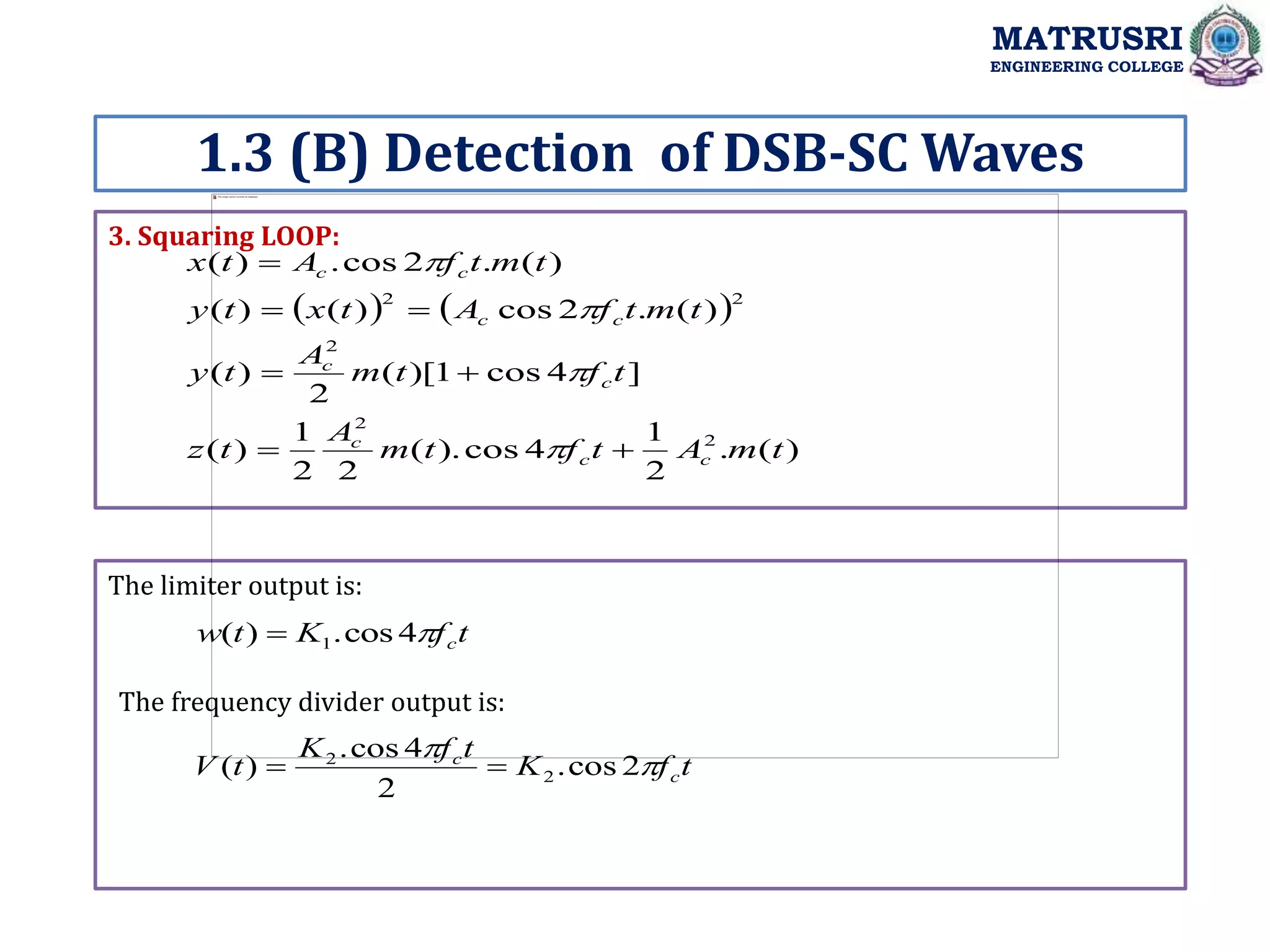 3. Squaring LOOP:
The limiter output is:
1.3 (B) Detection of DSB-SC Waves
MATRUSRI
ENGINEERING COLLEGE
   
)
(
.
2
1
4
cos
).
(
2
2
1
)
(
]
4
cos
1
)[
(
2
)
(
)
(
.
2
cos
)
(
)
(
)
(
.
2
cos
.
)
(
2
2
2
2
2
t
m
A
t
f
t
m
A
t
z
t
f
t
m
A
t
y
t
m
t
f
A
t
x
t
y
t
m
t
f
A
t
x
c
c
c
c
c
c
c
c
c











t
f
K
t
w c

4
cos
.
)
( 1

The frequency divider output is:
t
f
K
t
f
K
t
V c
c


2
cos
.
2
4
cos
.
)
( 2
2


 