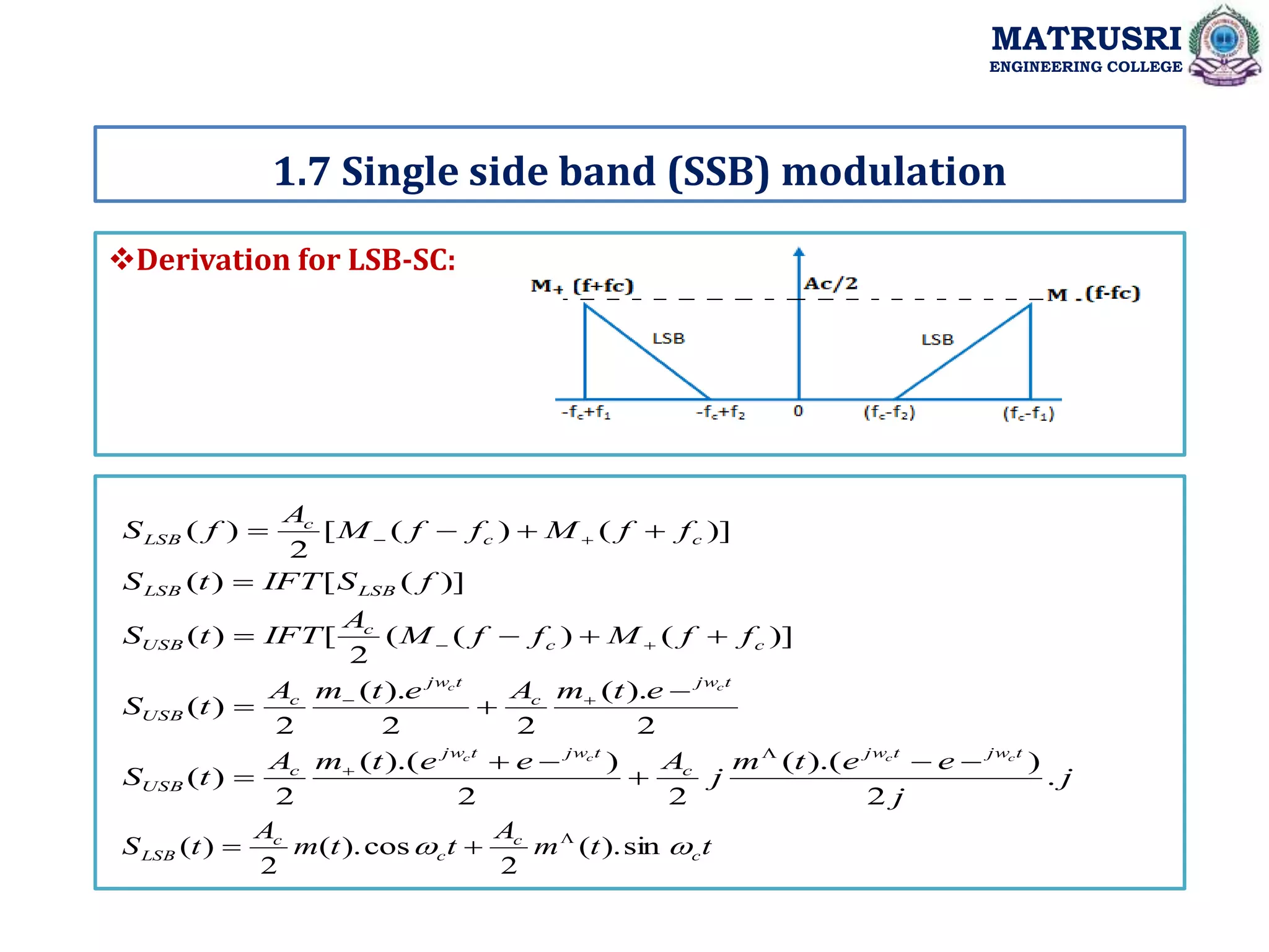 Derivation for LSB-SC:
1.7 Single side band (SSB) modulation
MATRUSRI
ENGINEERING COLLEGE
j
j
e
e
t
m
j
A
e
e
t
m
A
t
S
e
t
m
A
e
t
m
A
t
S
f
f
M
f
f
M
A
IFT
t
S
f
S
IFT
t
S
f
f
M
f
f
M
A
f
S
t
jw
t
jw
c
t
jw
t
jw
c
USB
t
jw
c
t
jw
c
USB
c
c
c
USB
LSB
LSB
c
c
c
LSB
c
c
c
c
c
c
.
2
)
).(
(
2
2
)
).(
(
2
)
(
2
).
(
2
2
).
(
2
)
(
)]
(
)
(
(
2
[
)
(
)]
(
[
)
(
)]
(
)
(
[
2
)
(


























t
t
m
A
t
t
m
A
t
S c
c
c
c
LSB 
 sin
).
(
2
cos
).
(
2
)
( 


 
