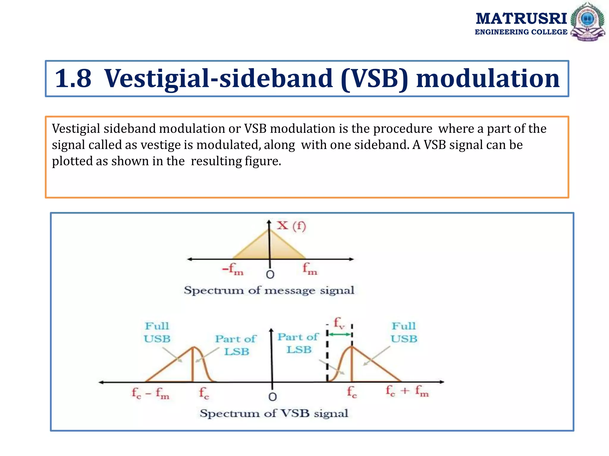 Vestigial sideband modulation or VSB modulation is the procedure where a part of the
signal called as vestige is modulated, along with one sideband. A VSB signal can be
plotted as shown in the resulting figure.
1.8 Vestigial-sideband (VSB) modulation
MATRUSRI
ENGINEERING COLLEGE
 
